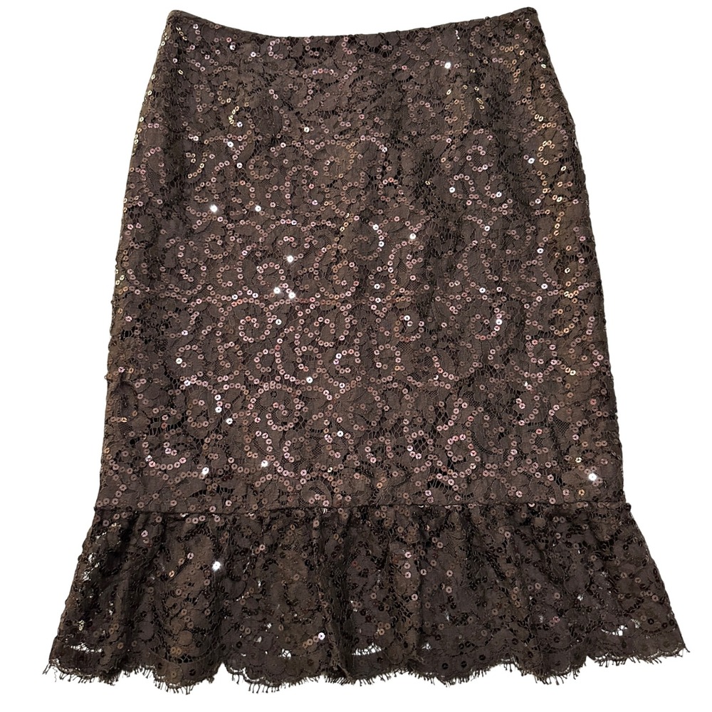 Carmen Marc Valvo Lace Sequin Skirt Sz 8 Ruffle Hem Mermaid Coquette Old Money